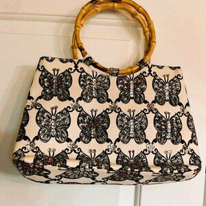 Beaded Butterfly Bamboo Handle Bag Canvas Tote 22×33 Like New Handmade Style